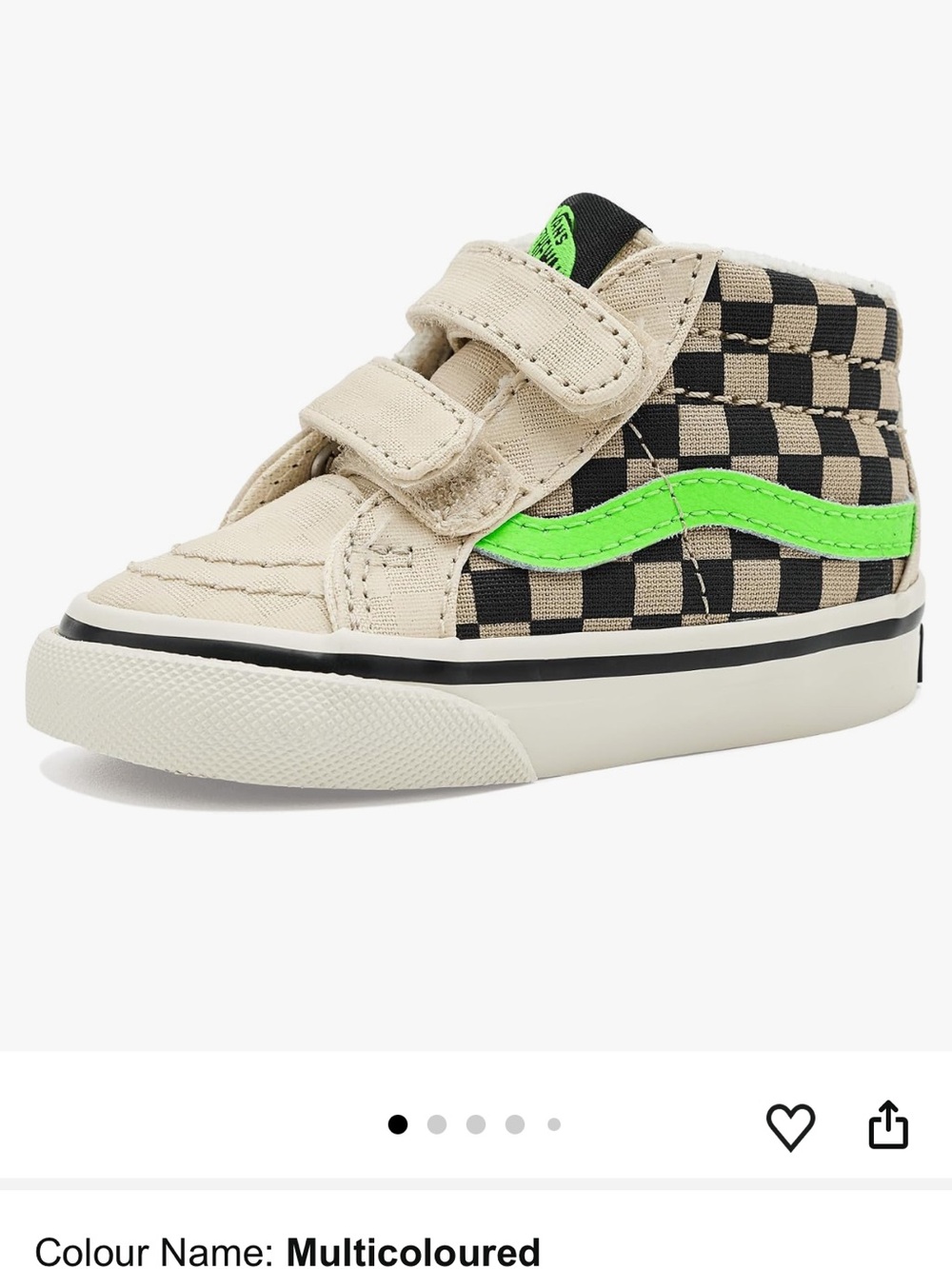Vans Kids Beige and Black Checkerboard High-Top Sneaker with Neon Green Stripe